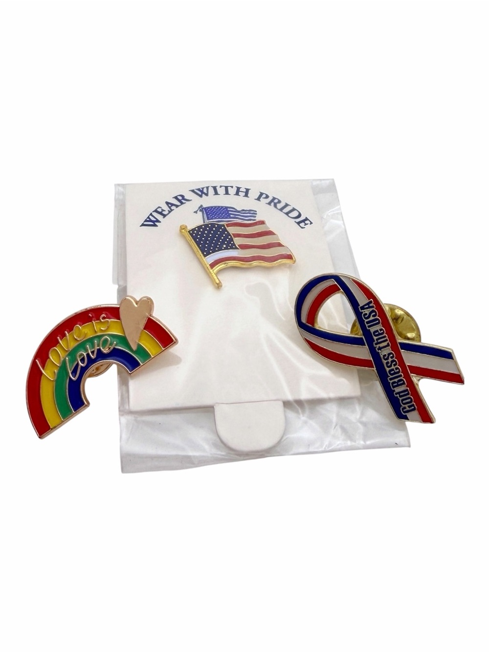 Patriotic Lapel Pin Lot American Flag God Bless USA Love Is Love Rainbow